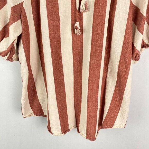 Knox Rose Top Womens L Striped Puff Sleeve Tie Neck Cream Red Cotton Boho - Picture 3 of 10